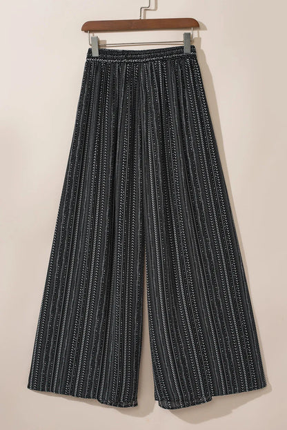 Black Printed Striped Printed Slit Wide Leg High Waist Pants - Chic Meadow Boutique 