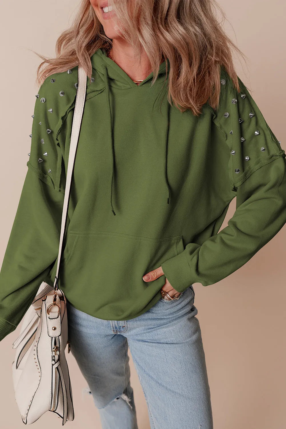 Vineyard Green Solid Color Rivet Stud Raglan Sleeve Hoodie with Pocket - Chic Meadow Boutique 