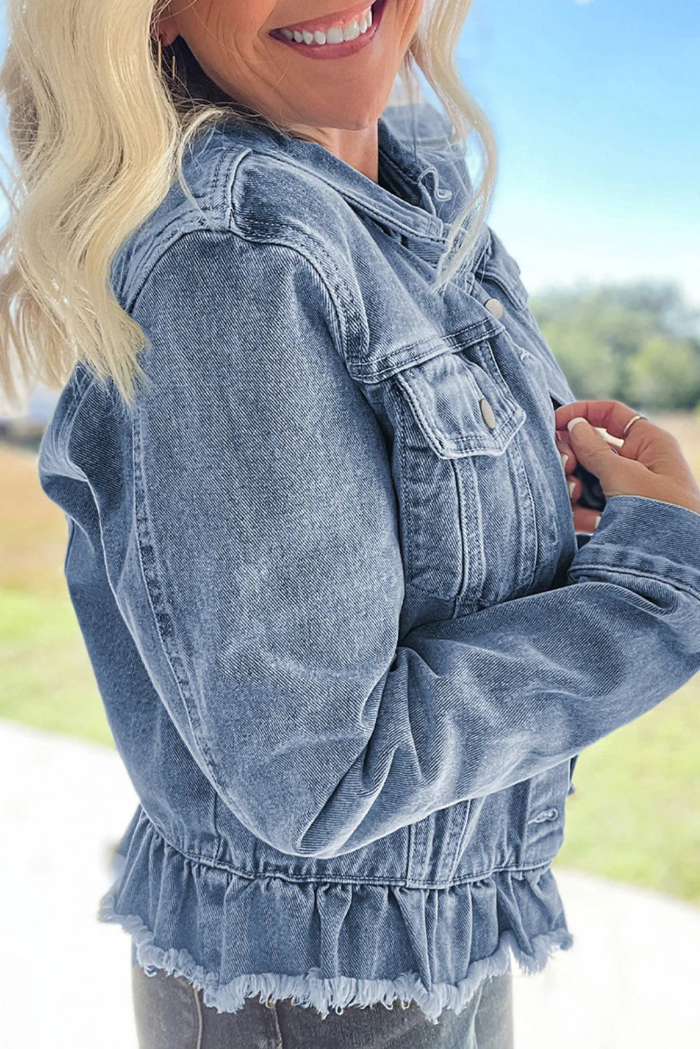 Beau Blue Ruffle Raw Hem Flap Pockets Denim Jacket - Chic Meadow Boutique 