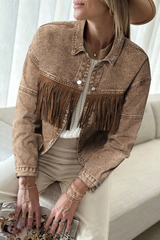 Brown Rhinestone Fringed Cowgirl Fashion Denim Jacket - Chic Meadow Boutique 