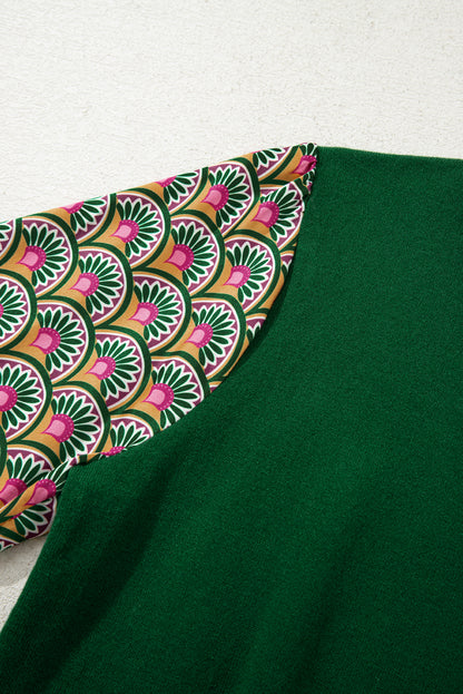 Blackish Green Floral Patchwork Shirred Cuff Puff Sleeve Sweater