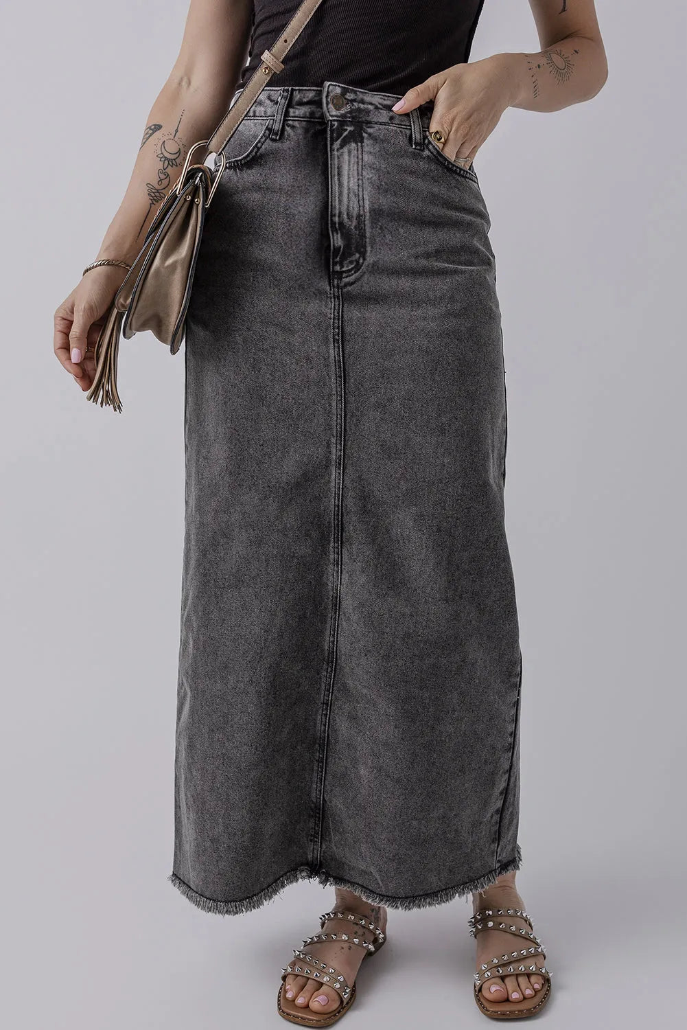 Dark Grey Denim Raw Hem Back Split High Waist Long Skirt - Chic Meadow Boutique 