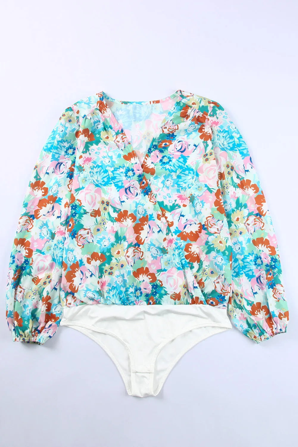 Sky Blue Floral Print Wrap Long Sleeve Bodysuit - Chic Meadow Boutique 