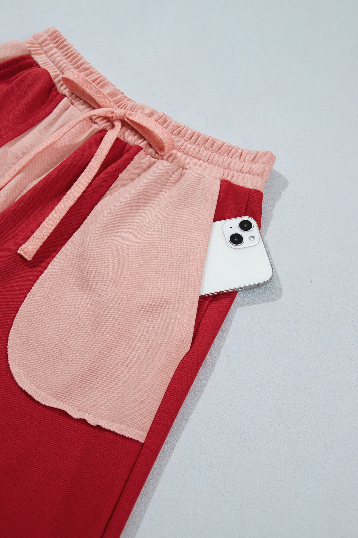Fiery Red Raw Seam Colorblock Wide Leg Ankle Length Casual Pants