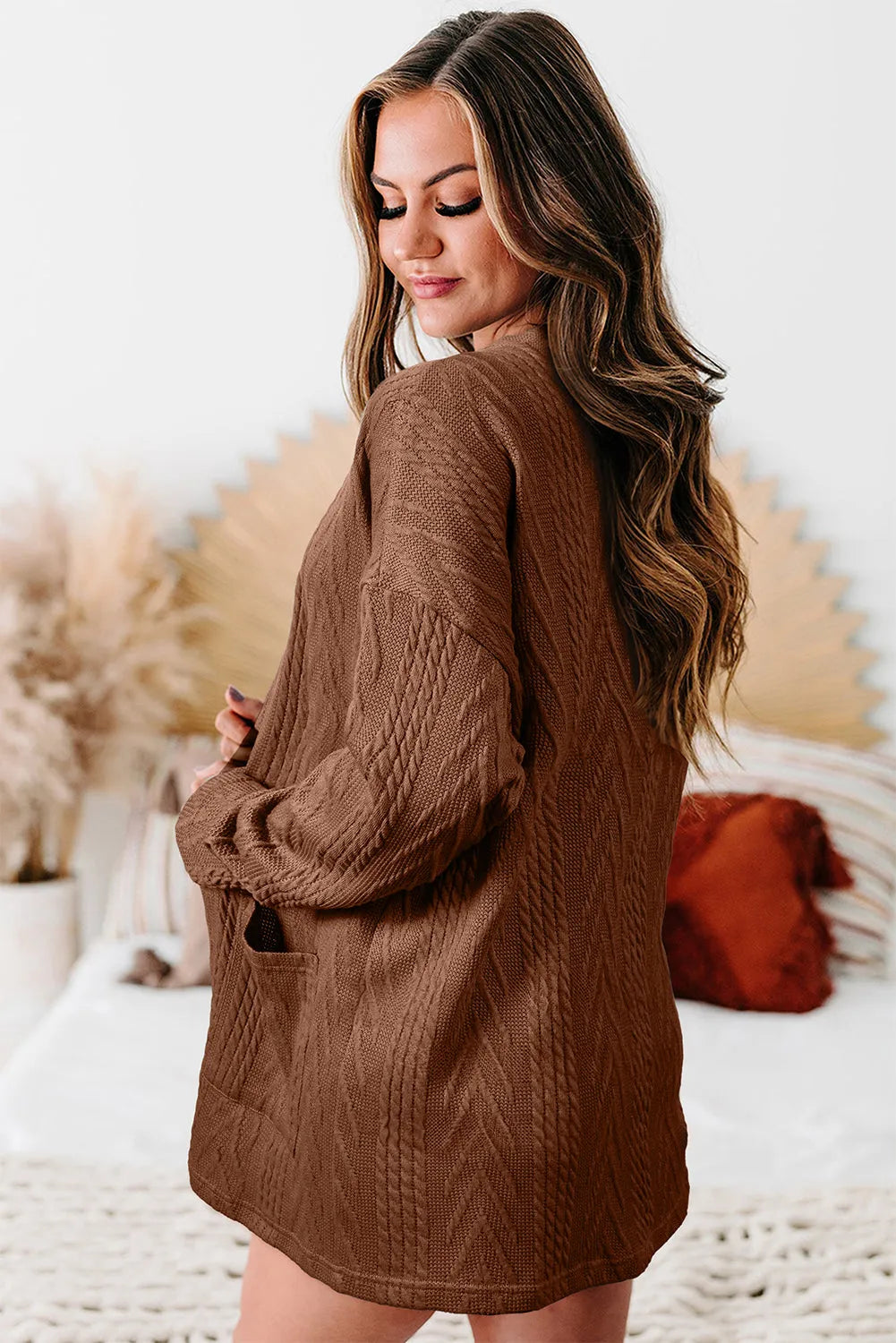 Coffee Solid Textured Open Front Cardigan with Pocket - Chic Meadow Boutique 