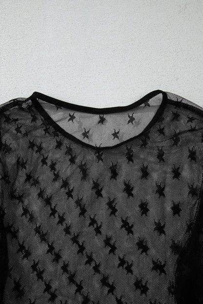 Black Star Print Mesh Sheer Slim Long Sleeve Top