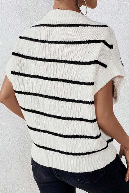 White Stripe Round Neck Batwing Sleeve Sweater - Chic Meadow Boutique 