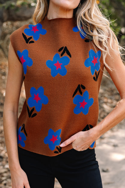 Chestnut Floral High Neck Sweater Vest