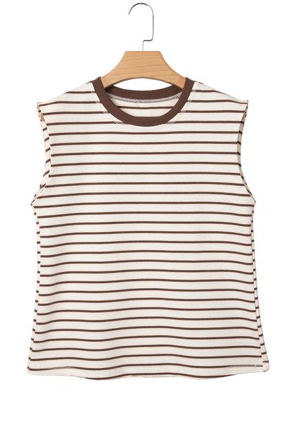 Brown Stripe Ribbed Round Neck Trim Loose Tank Top