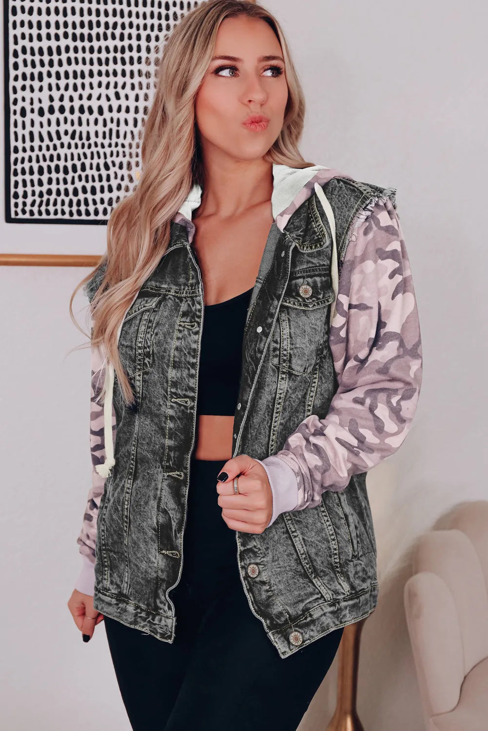 Black Camo Sleeve Hooded Buttoned Denim Jacket - Chic Meadow Boutique 