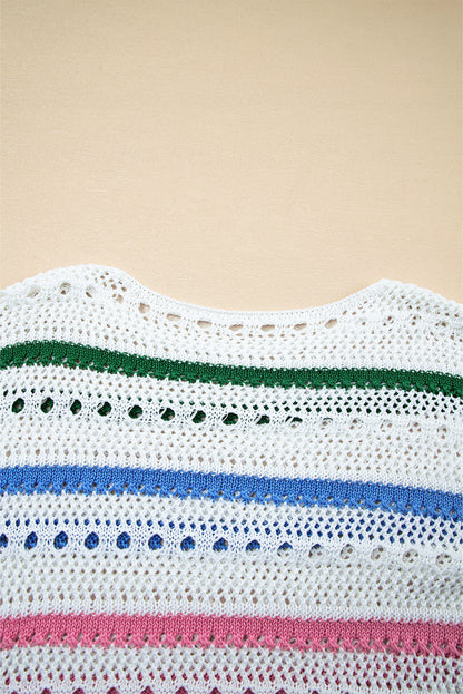White Color Block Striped Pointelle Knit Sweater