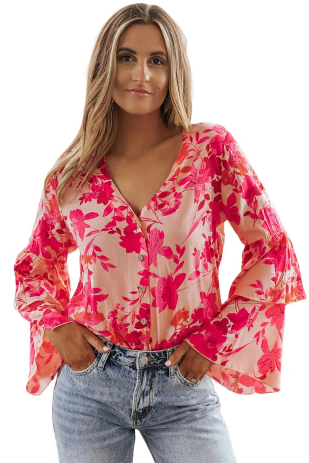 Tops/Bodysuits Pink Floral Print Tiered Bell Long Sleeve Buttoned Bodysuit