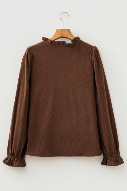 Coffee Solid Color Ruffle Trim V Neck Long Sleeve Button Corduroy Shakcet
