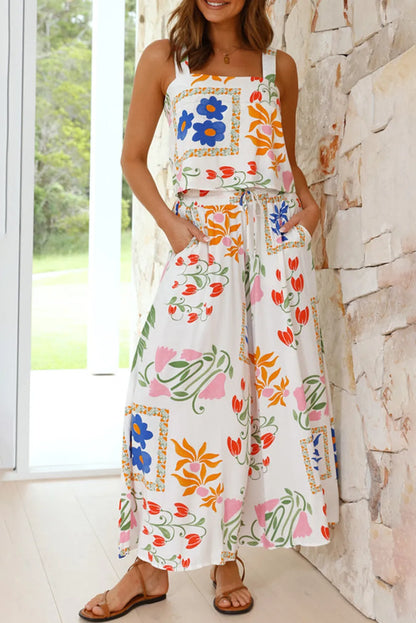 White Square Neck Tank and Wide Leg Pants Floral Set - Chic Meadow Boutique 