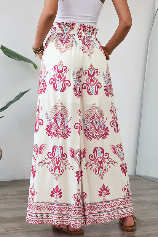 Rose Boho Printed Shirred High Waist Flowy Wide Leg Pants