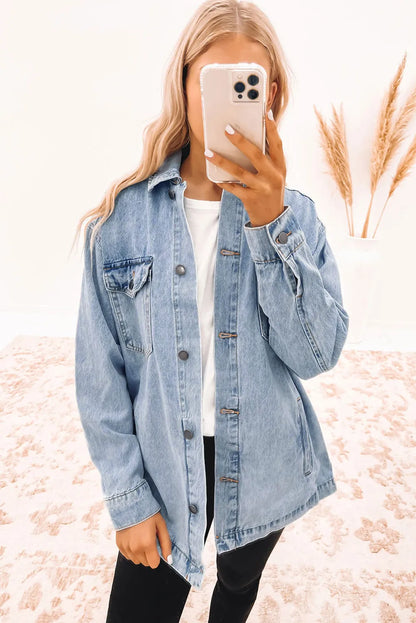 Sky Blue Acid Wash Flap Pocket Boyfriend Shacket - Chic Meadow Boutique 