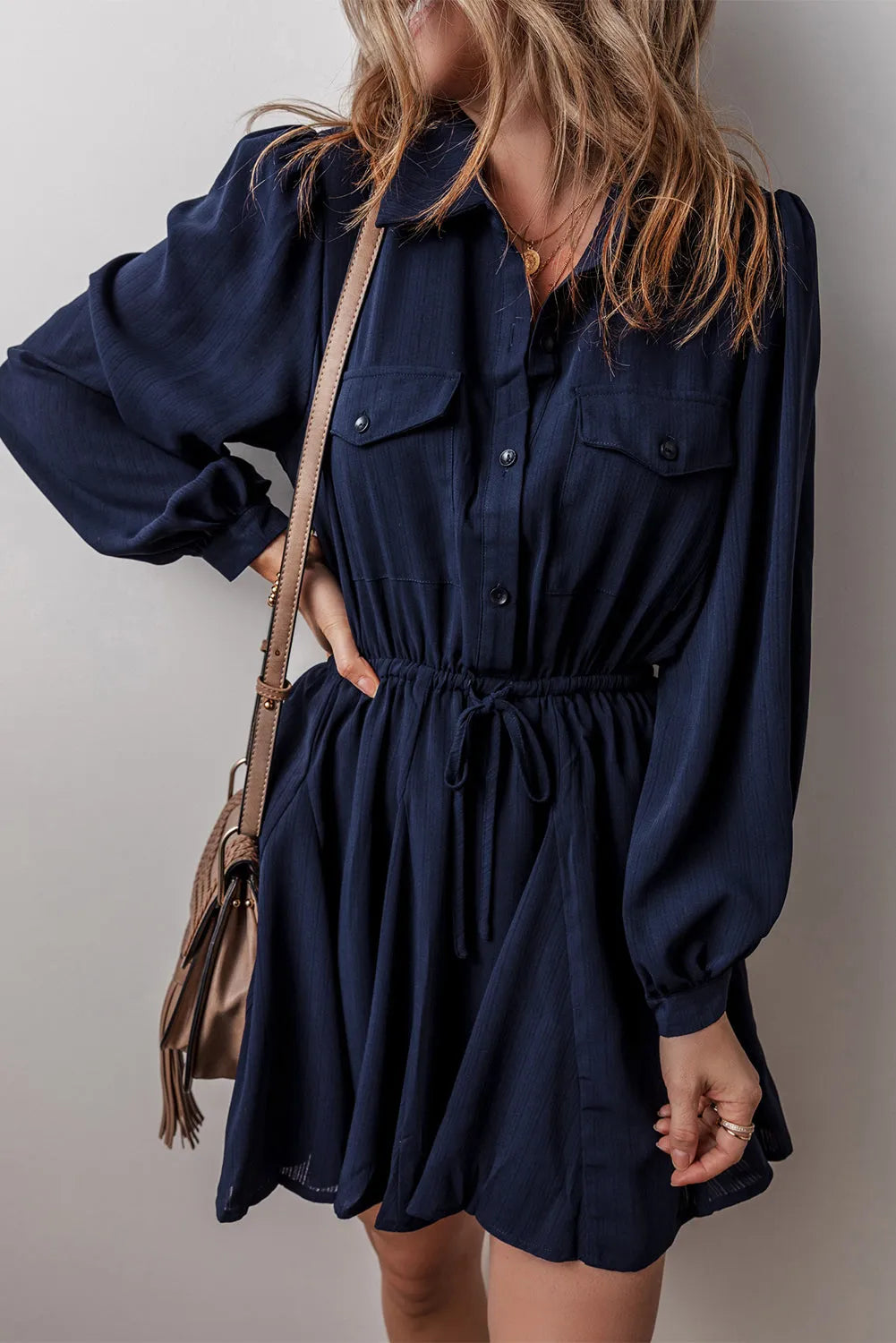 Navy Blue Solid Chest Pockets Tunic Shirt Mini Dress - Chic Meadow Boutique 