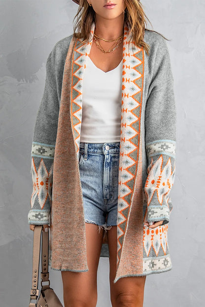 Gray Aztec Print Open Front Knitted Cardigan - Chic Meadow Boutique 