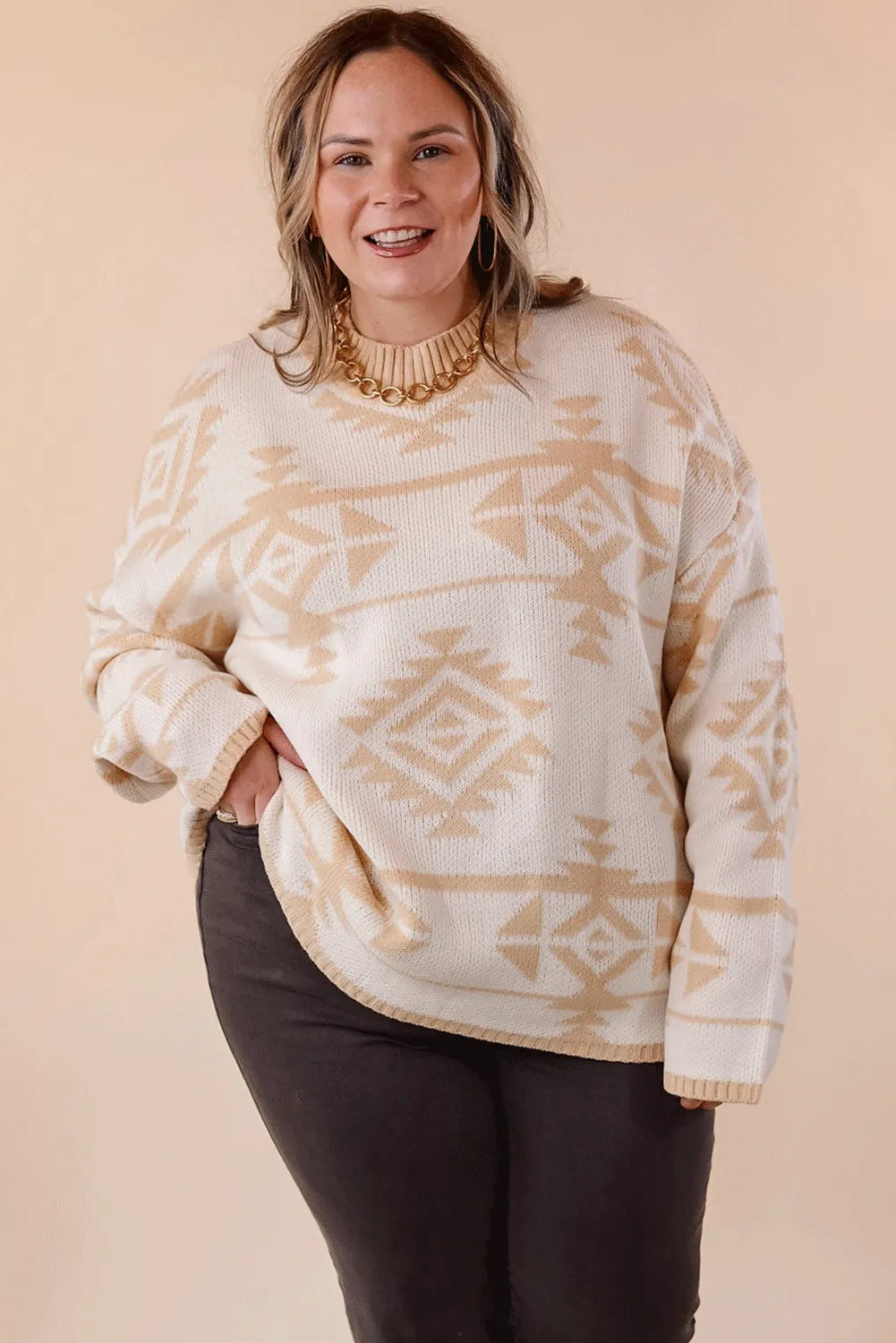 Apricot Plus Size Western Aztec Print Loose Sweater - Chic Meadow Boutique 