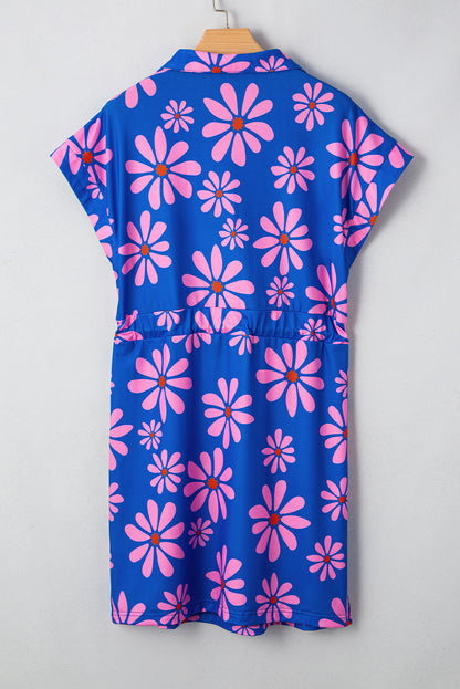 Purple Floral Striped Quarter Zip Cap Sleeve Drawstring Waist Mini Dress