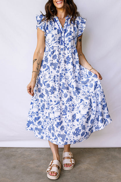 Blue Ruffled Short Sleeve Tiered Floral Midi Dress