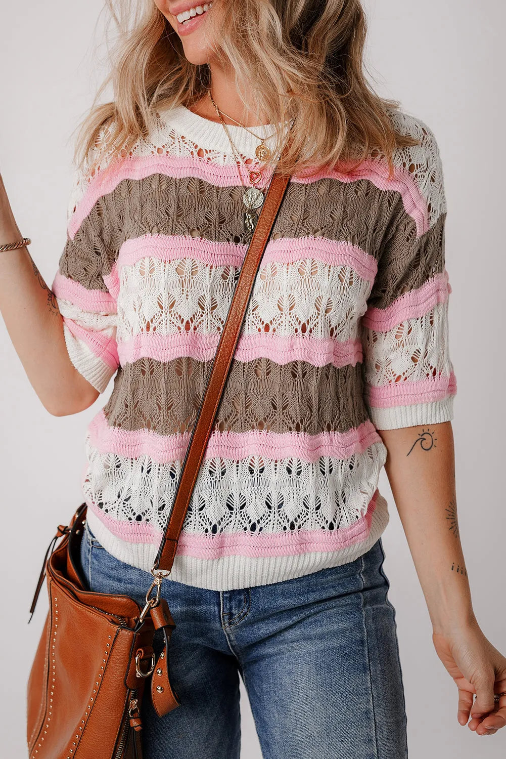 Brown Stripe Color Block Hollow Out Crochet Half Sleeve Sweater - Chic Meadow Boutique 