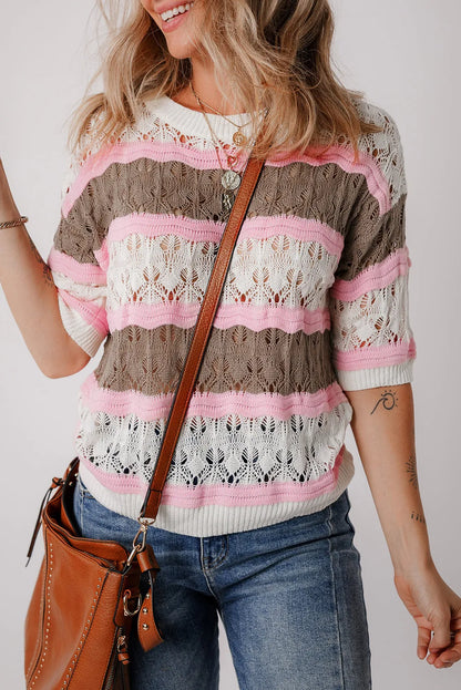 Brown Stripe Color Block Hollow Out Crochet Half Sleeve Sweater - Chic Meadow Boutique 