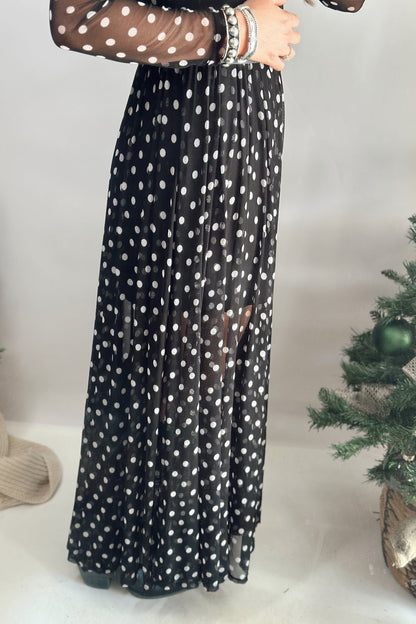 Black Polka Dot Pattern Mesh Long Sleeve Maxi Dress 2pcs Set