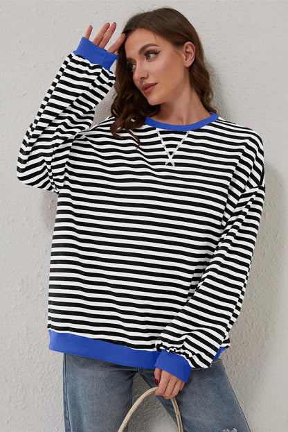 Black Stripe Oversized Contrast Trim Pullover Sweatshirt - Chic Meadow Boutique 