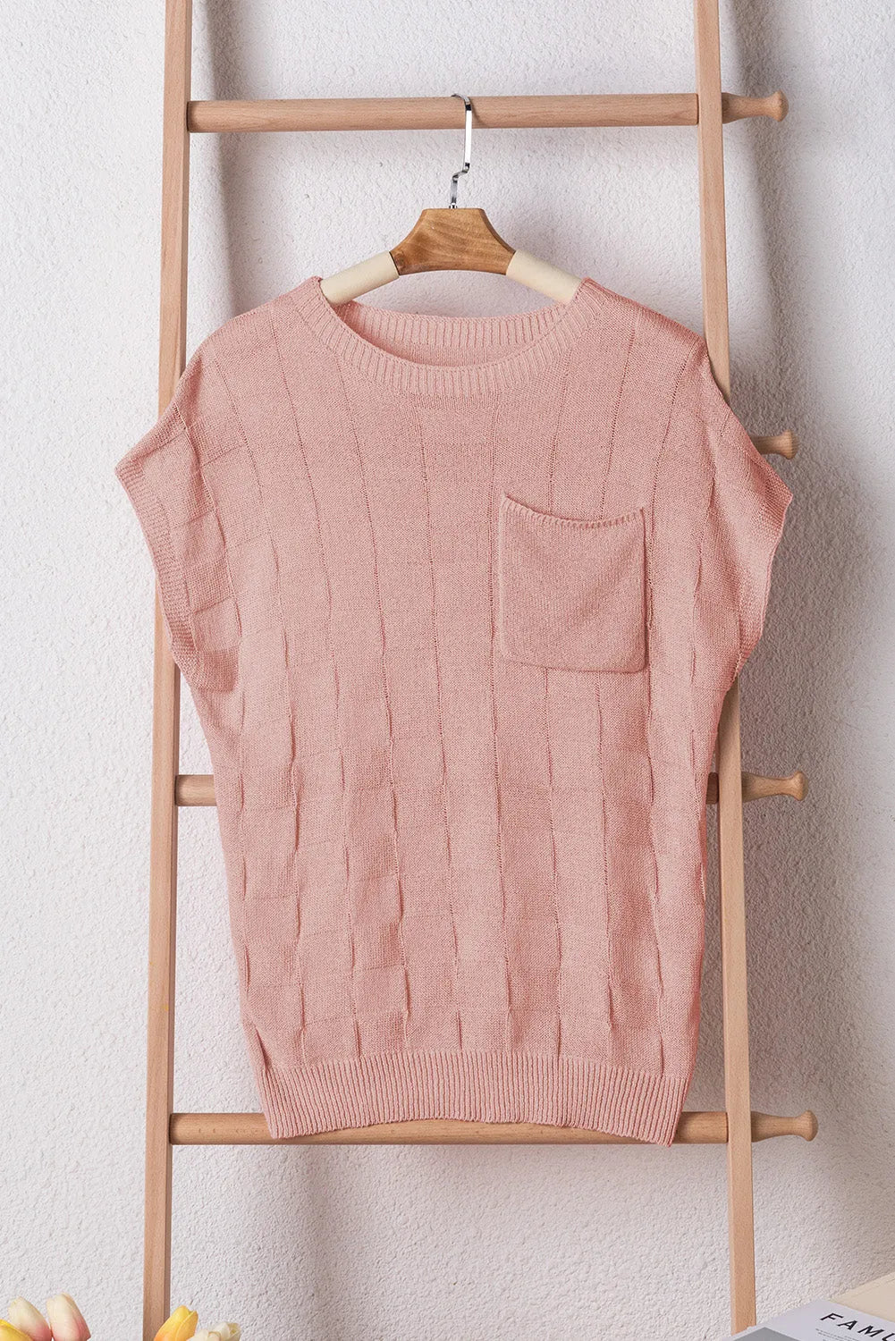 Tops/Short Sleeve Sweaters Dusty Pink Lattice Textured Knit Short Sleeve Sweater