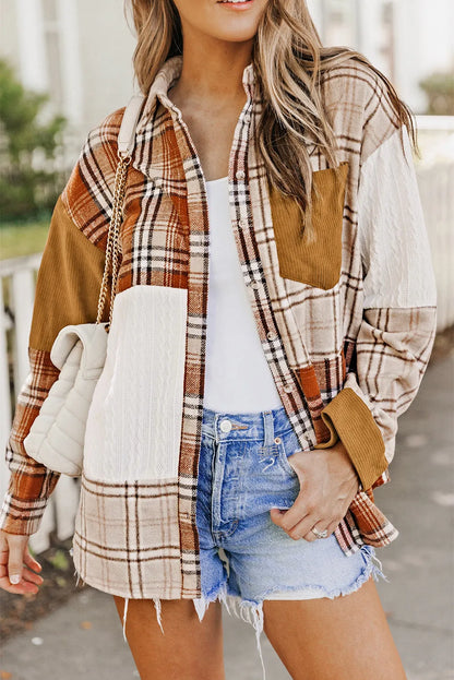 Orange Plaid Color Block Patchwork Shirt Jacket with Pocket - Chic Meadow Boutique 