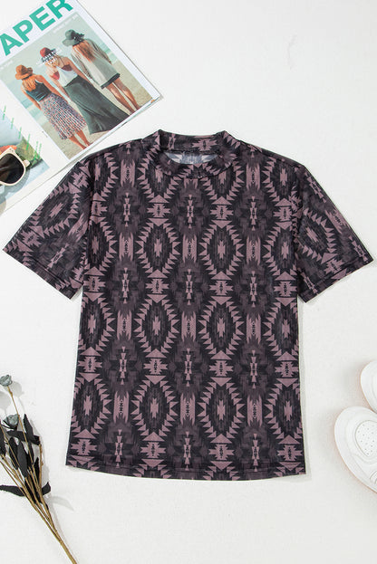 Brown Aztec Print Mock Neck Short Sleeve Mesh T Shirt