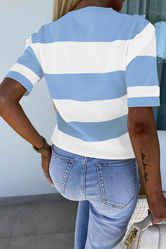 Sky Blue Stripe Colorblock Striped Knitted T shirt