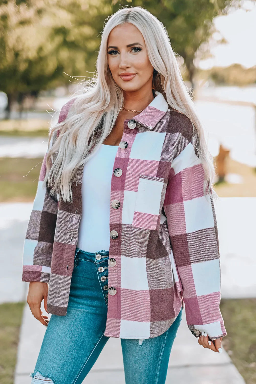 Plaid Color Block Buttoned Long Sleeve Jacket with Pocket - Chic Meadow Boutique 