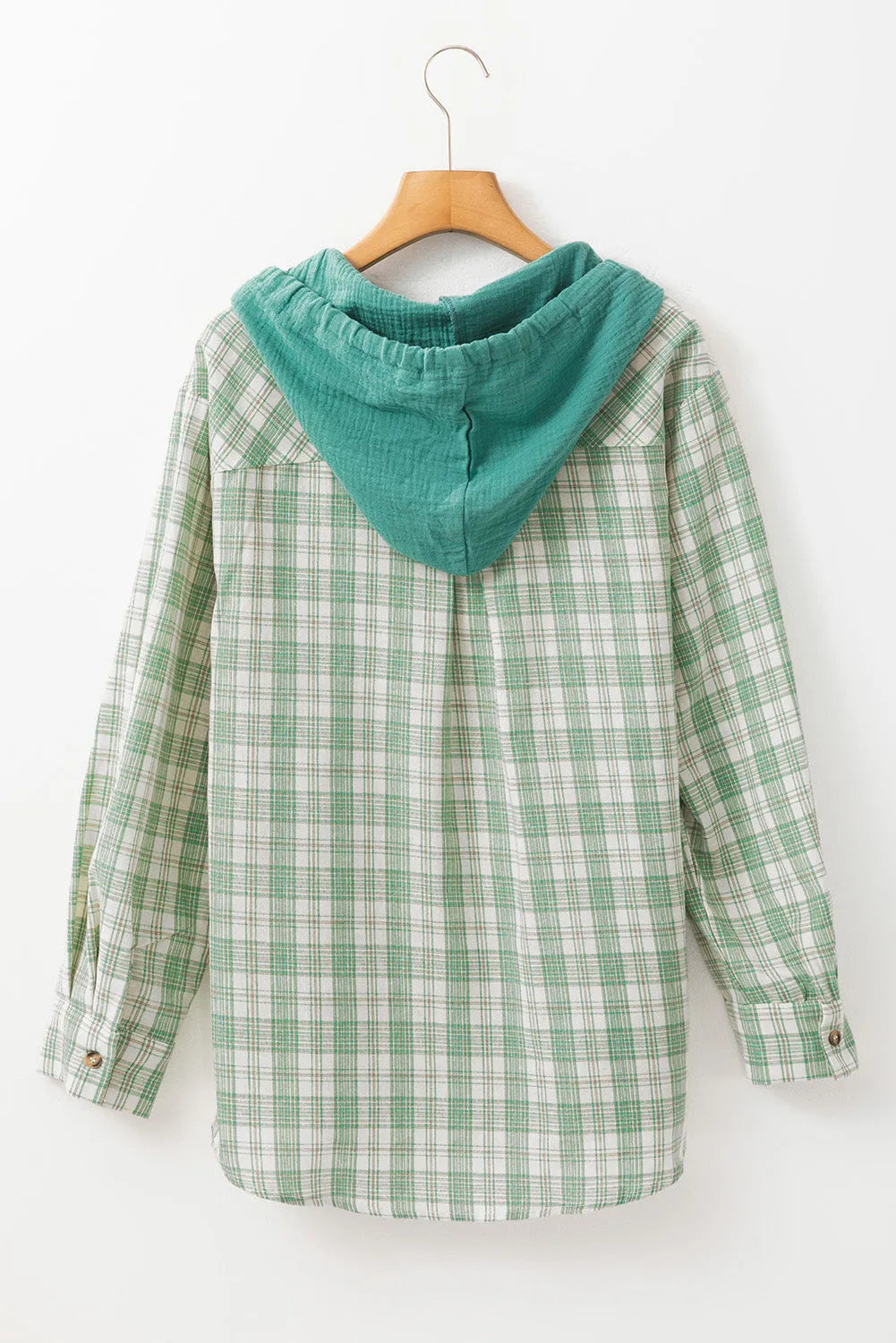 Outerwear/Plaid Shackets Green Checkered Print Loose Fit Buttoned Hooded Shacket