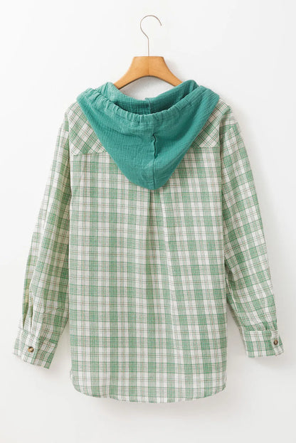 Green Checkered Print Loose Fit Buttoned Hooded Shacket - Chic Meadow Boutique 