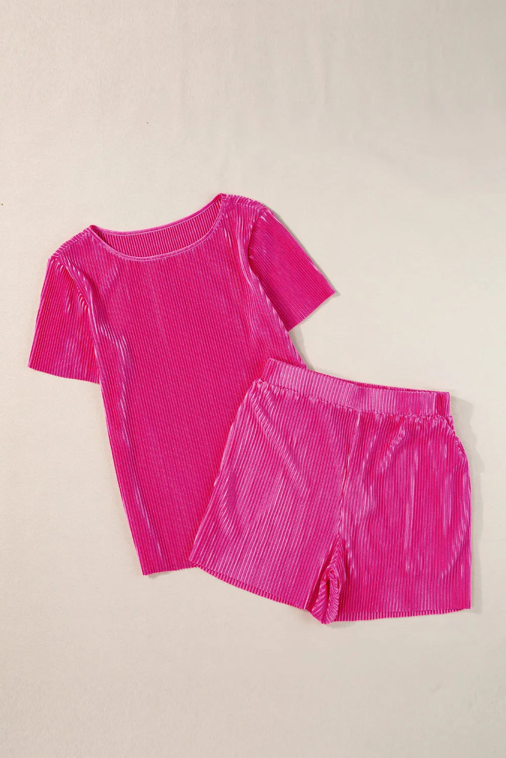 Bright Pink Casual Pleated Short Two-piece Set - Chic Meadow Boutique 