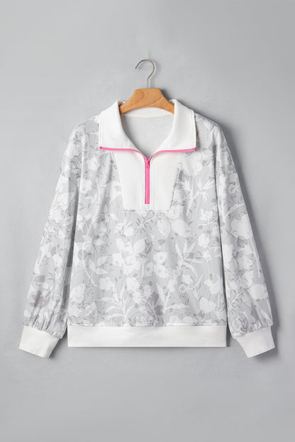 Gray Floral Print Quarter Zip Stand Neck Long Sleeve Sweatshirt