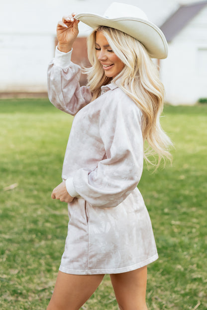 White Abstract Woodland Print Balloon Sleeve Pullover Drawstring Mini Skirt Set