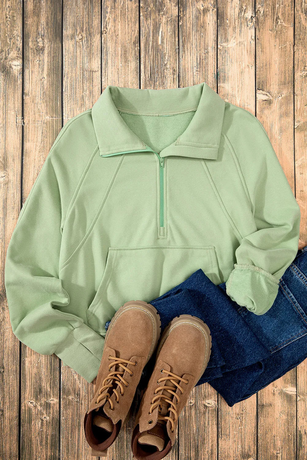 Smoke Green Quarter Zip Stand Neck Kangaroo Pocket Sweatshirt - Chic Meadow Boutique 