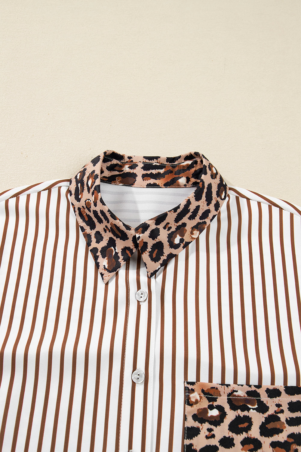 Brown Stripe Contrast Leopard Patchwork Long Shirt Dress with Slits