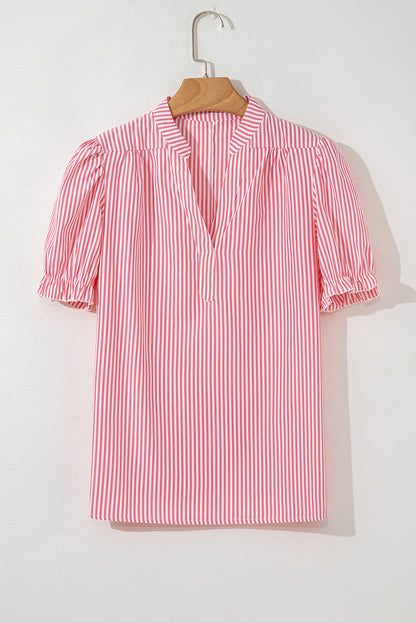 Pink Stripe Notched Neck Frilled Short Puff Sleeve Blouse