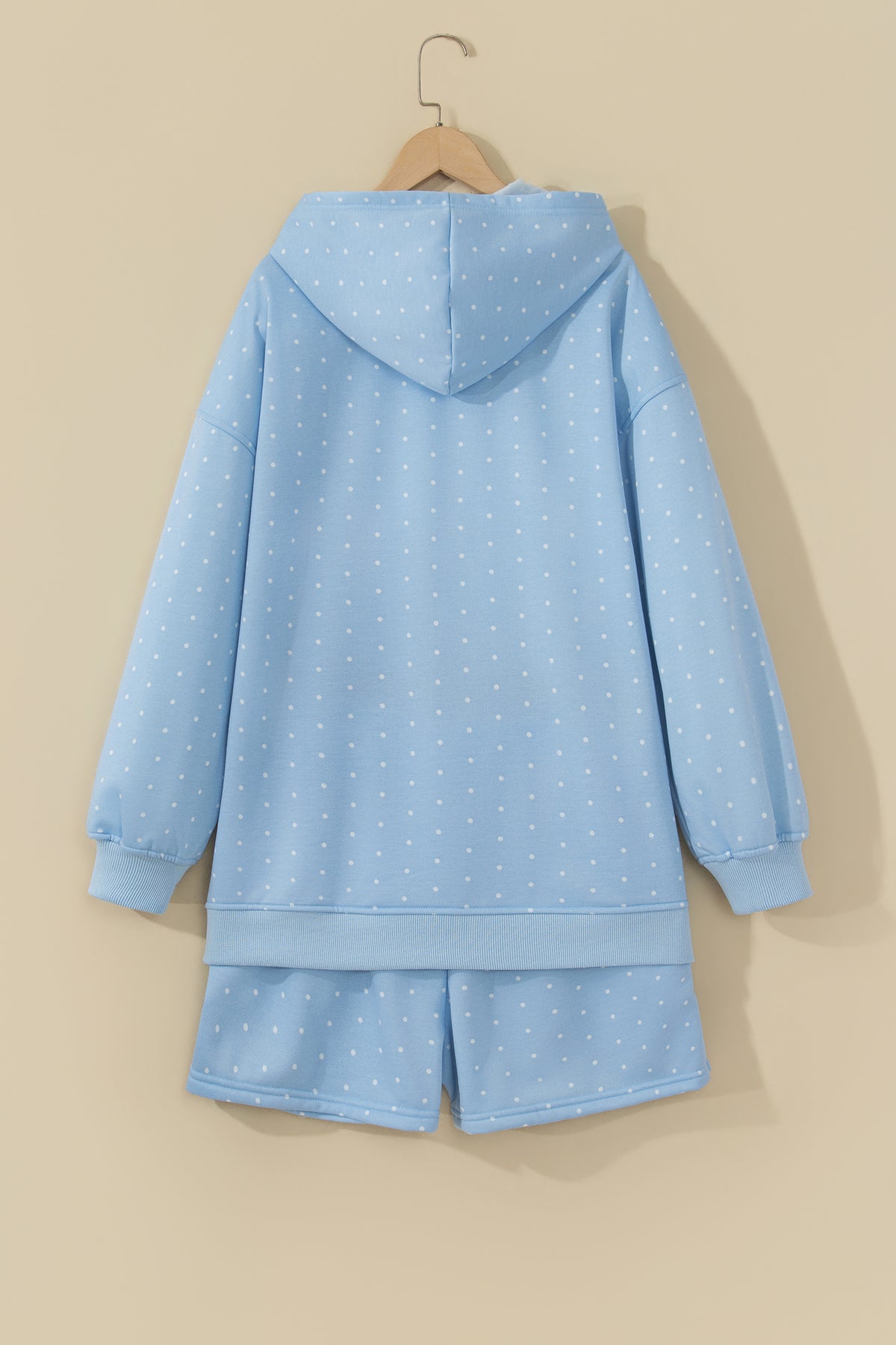 Sky Blue Polka Dot Printed Oversized Hoodie Casual Shorts 2pcs Set