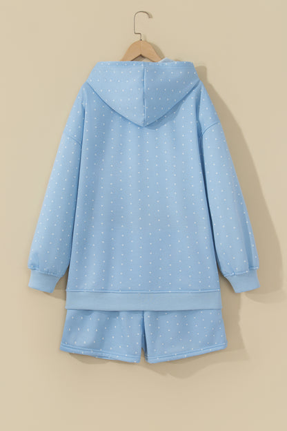 Sky Blue Polka Dot Printed Oversized Hoodie Casual Shorts 2pcs Set