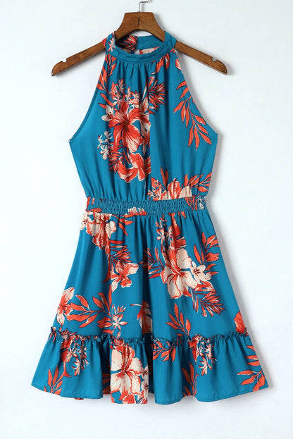 Sky Blue Floral Print Sleeveless Ruffled Mini Dress - Chic Meadow Boutique 