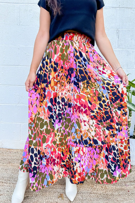 White Abstract Floral Print Ruffled High Waist Maxi Skirt - Chic Meadow Boutique 