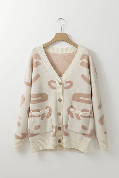 Beige Slouchy Leopard V Neck Buttoned Cardigan - Chic Meadow Boutique 