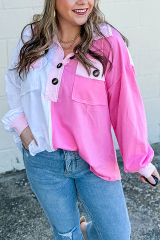 Bonbon Color Block Chest Pockets Half Button Plus Size Sweatshirt - Chic Meadow Boutique 