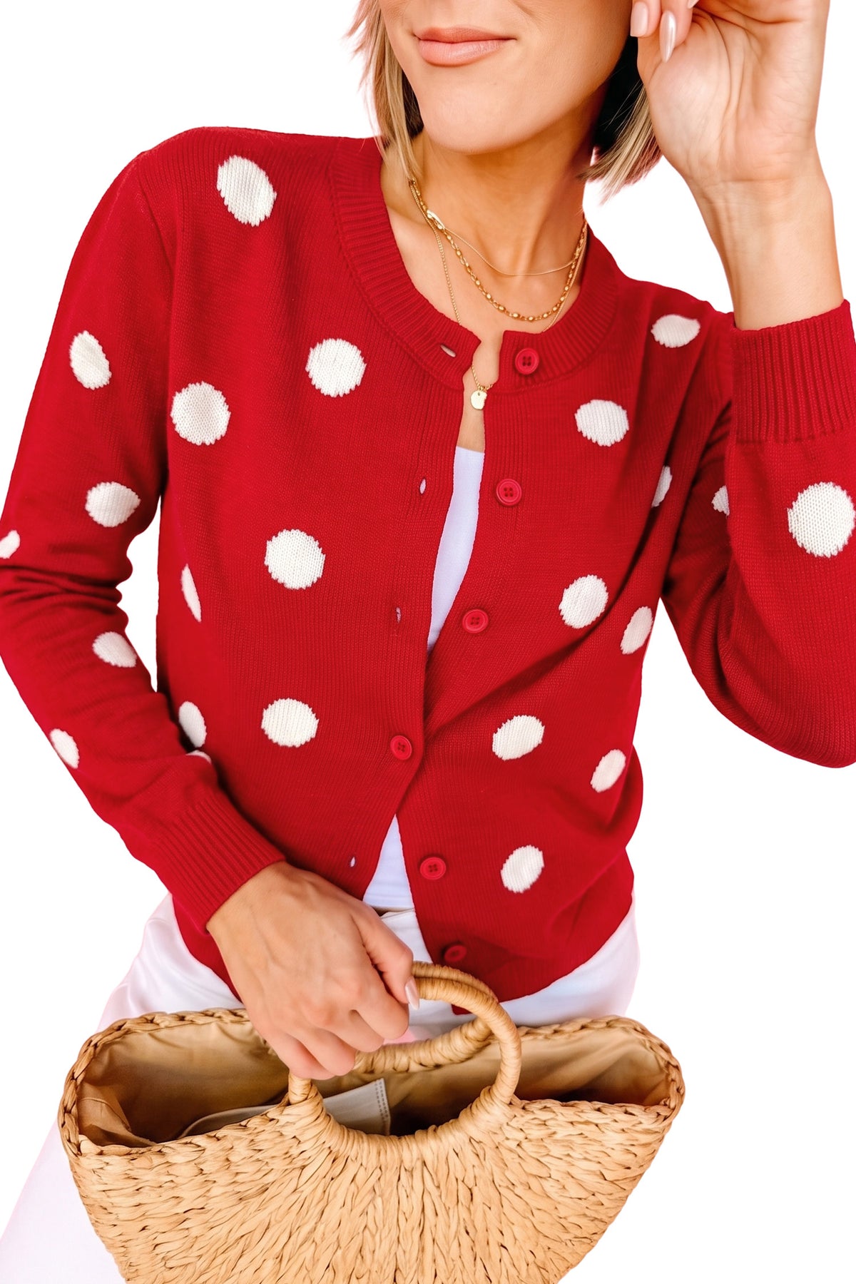 Fiery Red Casual Polka Dot Button Front Long Sleeve Sweater Cardigan