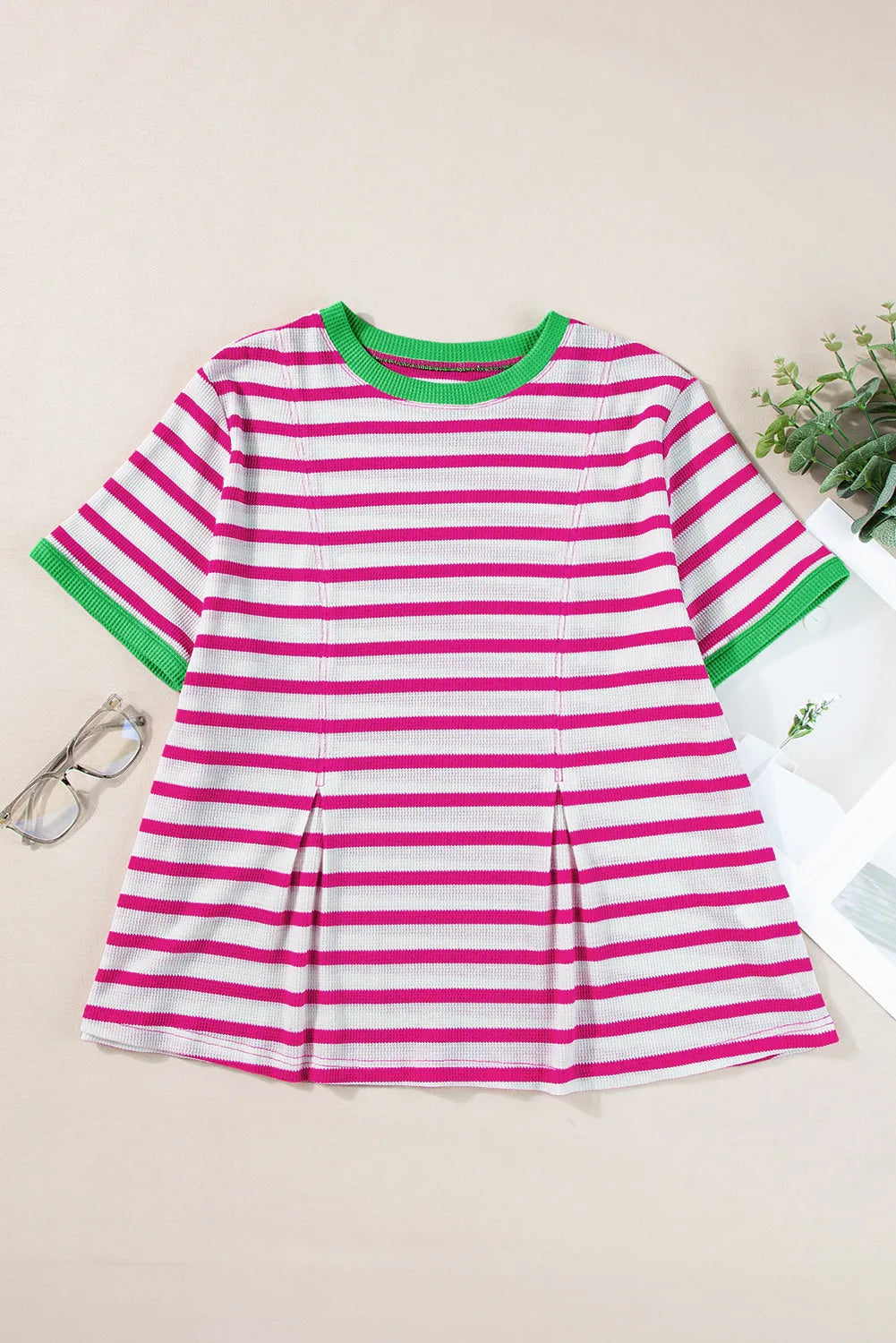 Rose Stripe Contrast Trim Crew Neck Loose Short Sleeve Top - Chic Meadow Boutique 